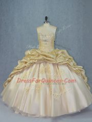 Elegant Sweetheart Sleeveless Sweet 16 Dresses Brush Train Beading and Appliques Champagne Organza and Taffeta