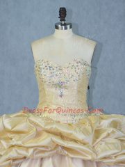 Elegant Sweetheart Sleeveless Sweet 16 Dresses Brush Train Beading and Appliques Champagne Organza and Taffeta