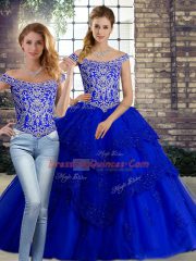 Inexpensive Off The Shoulder Sleeveless Tulle Sweet 16 Dress Beading and Lace Brush Train Lace Up