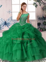 Green Sleeveless Organza Brush Train Zipper Quince Ball Gowns for Military Ball and Sweet 16 and Quinceanera