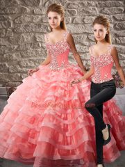Watermelon Red Ball Gowns Organza Straps Sleeveless Beading and Ruffled Layers Lace Up 15th Birthday Dress Court Train