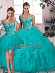 Tulle Off The Shoulder Sleeveless Brush Train Lace Up Beading and Ruffles Quinceanera Dresses in Aqua Blue