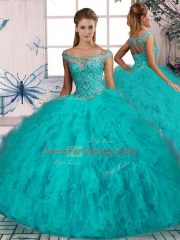 Tulle Off The Shoulder Sleeveless Brush Train Lace Up Beading and Ruffles Quinceanera Dresses in Aqua Blue