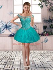 Tulle Off The Shoulder Sleeveless Brush Train Lace Up Beading and Ruffles Quinceanera Dresses in Aqua Blue