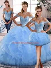 Glorious Blue Off The Shoulder Neckline Beading and Ruffles 15th Birthday Dress Sleeveless Lace Up