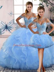 Glorious Blue Off The Shoulder Neckline Beading and Ruffles 15th Birthday Dress Sleeveless Lace Up