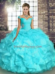 High Quality Aqua Blue Sleeveless Beading and Ruffles Floor Length Sweet 16 Dress