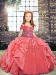 Coral Red Sleeveless Floor Length Beading and Ruffles Lace Up Pageant Gowns For Girls