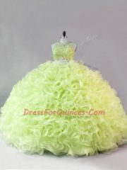 Flare Sleeveless Floor Length Beading and Ruffles Zipper Ball Gown Prom Dress with Yellow Green