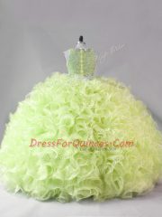 Flare Sleeveless Floor Length Beading and Ruffles Zipper Ball Gown Prom Dress with Yellow Green