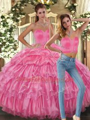 Pink Lace Up Sweetheart Beading and Ruffles and Pick Ups Quince Ball Gowns Organza Sleeveless