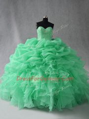 Apple Green Ball Gowns Scoop Sleeveless Organza Floor Length Lace Up Beading and Ruffles and Pick Ups Quinceanera Dress