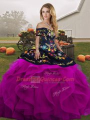 Black And Purple Sleeveless Floor Length Embroidery and Ruffles Lace Up 15 Quinceanera Dress