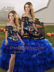 Fancy Organza Off The Shoulder Sleeveless Lace Up Embroidery and Ruffled Layers Quinceanera Gown in Blue And Black