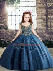 Straps Sleeveless Child Pageant Dress Floor Length Beading Blue Tulle