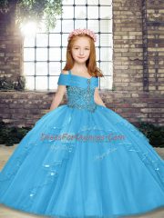 Sleeveless Floor Length Beading Lace Up Pageant Dress for Girls with Blue