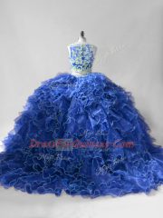 Custom Fit Blue Ball Gown Prom Dress Scoop Sleeveless Brush Train Zipper