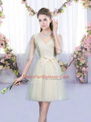 Champagne Empire Tulle V-neck Sleeveless Bowknot Mini Length Lace Up Quinceanera Court Dresses