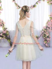 Champagne Empire Tulle V-neck Sleeveless Bowknot Mini Length Lace Up Quinceanera Court Dresses