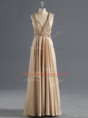 Admirable Champagne Empire Ruching Homecoming Dress Criss Cross Chiffon Sleeveless Floor Length