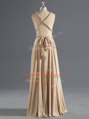Admirable Champagne Empire Ruching Homecoming Dress Criss Cross Chiffon Sleeveless Floor Length