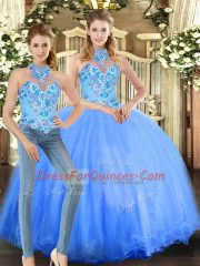 Blue Ball Gowns Tulle Halter Top Sleeveless Embroidery Floor Length Lace Up Quince Ball Gowns