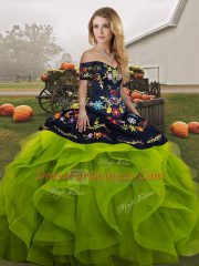 Embroidery and Ruffles Quinceanera Gown Yellow Green Lace Up Sleeveless Floor Length