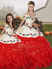 Off The Shoulder Sleeveless Lace Up Sweet 16 Dress White And Red Organza