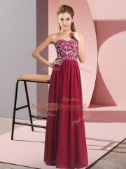 Sweetheart Sleeveless Prom Dress Floor Length Beading Wine Red Chiffon