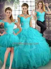 Aqua Blue Tulle Lace Up Quinceanera Dresses Sleeveless Floor Length Beading and Ruffles