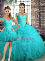 Aqua Blue Tulle Lace Up Quinceanera Dresses Sleeveless Floor Length Beading and Ruffles