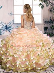 Green Ball Gowns Scoop Sleeveless Organza Floor Length Lace Up Beading and Ruffles Vestidos de Quinceanera