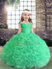 Apple Green Ball Gowns Straps Sleeveless Fabric With Rolling Flowers Floor Length Lace Up Beading Kids Formal Wear