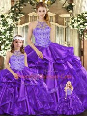 Gorgeous Halter Top Sleeveless Organza Sweet 16 Quinceanera Dress Beading and Ruffles Lace Up