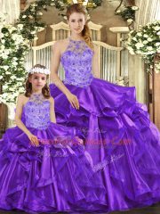 Gorgeous Halter Top Sleeveless Organza Sweet 16 Quinceanera Dress Beading and Ruffles Lace Up