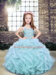Light Blue Ball Gowns Tulle Straps Sleeveless Beading and Ruffles Floor Length Lace Up Little Girls Pageant Gowns