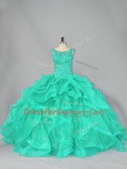 Turquoise Ball Gowns Scoop Sleeveless Organza Floor Length Lace Up Beading and Ruffles 15 Quinceanera Dress