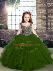 Adorable Straps Sleeveless Girls Pageant Dresses Floor Length Beading and Ruffles Olive Green Tulle