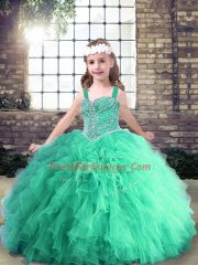 Turquoise Ball Gowns Tulle Straps Sleeveless Beading and Ruffles Floor Length Lace Up Kids Pageant Dress