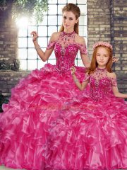 Organza Halter Top Sleeveless Lace Up Beading and Ruffles Quinceanera Gown in Fuchsia