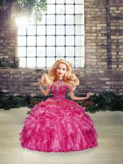 Organza Halter Top Sleeveless Lace Up Beading and Ruffles Quinceanera Gown in Fuchsia