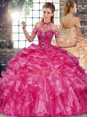 Organza Halter Top Sleeveless Lace Up Beading and Ruffles Quinceanera Gown in Fuchsia