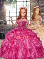 Organza Halter Top Sleeveless Lace Up Beading and Ruffles Quinceanera Gown in Fuchsia