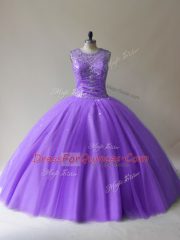 Lavender Ball Gowns Scoop Sleeveless Tulle Floor Length Lace Up Beading Ball Gown Prom Dress