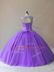 Lavender Ball Gowns Scoop Sleeveless Tulle Floor Length Lace Up Beading Ball Gown Prom Dress