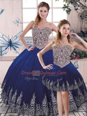 Super Tulle Sweetheart Sleeveless Lace Up Embroidery Quinceanera Dresses in Royal Blue