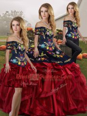 Red And Black Sleeveless Embroidery and Ruffles Floor Length Sweet 16 Dress