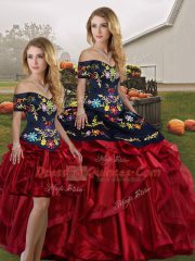 Red And Black Sleeveless Embroidery and Ruffles Floor Length Sweet 16 Dress