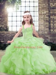 Yellow Green Lace Up Straps Beading and Ruffles Kids Formal Wear Tulle Sleeveless