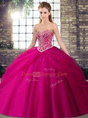 Great Fuchsia Sleeveless Beading and Pick Ups Lace Up Quinceanera Dresses